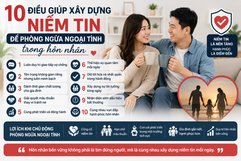 10 cách phòng ngừa ngoại tình trong hôn nhân bằng cách xây dựng niềm tin, tăng cường giao tiếp vợ chồng và vun đắp hạnh phúc gia đình theo hướng tích cực, bền vững.