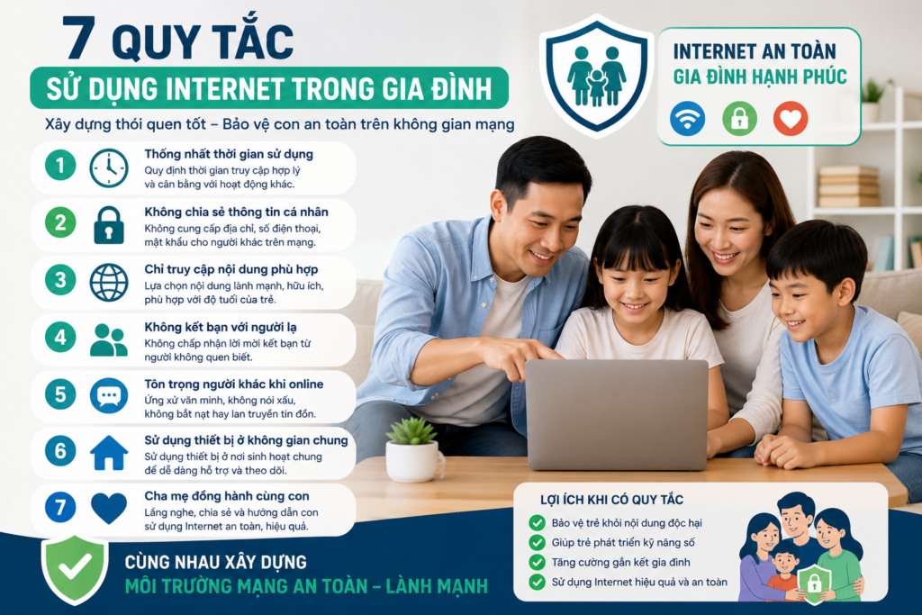 Gia đình cùng sử dụng Internet an toàn với các quy tắc bảo vệ trẻ em trên môi trường số.
