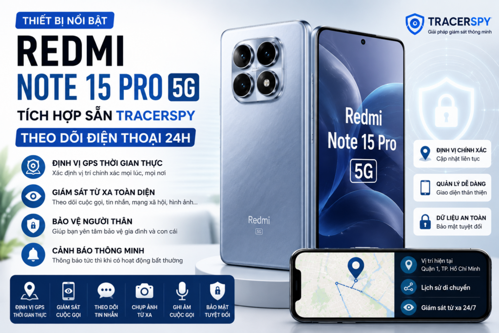 Redmi Note 15 Pro 5G tích hợp sẵn phần mềm theo dõi điện thoại 24h Tracerspy với tính năng định vị GPS, giám sát từ xa và bảo vệ người thân.