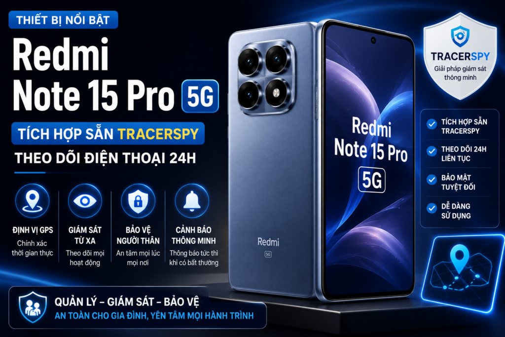 Redmi Note 15 Pro 5G tích hợp Tracerspy hỗ trợ theo dõi điện thoại 24h, định vị GPS và giám sát từ xa.