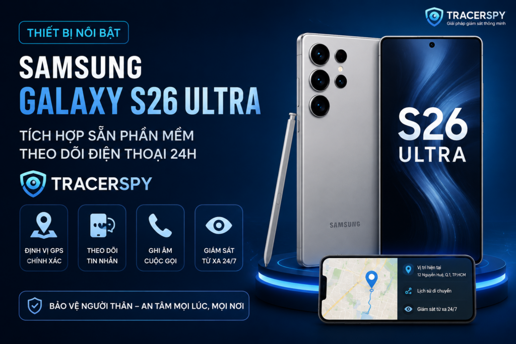 Samsung Galaxy S26 Ultra tích hợp sẵn phần mềm theo dõi điện thoại 24h Tracerspy với tính năng định vị GPS, giám sát từ xa và bảo vệ người thân.