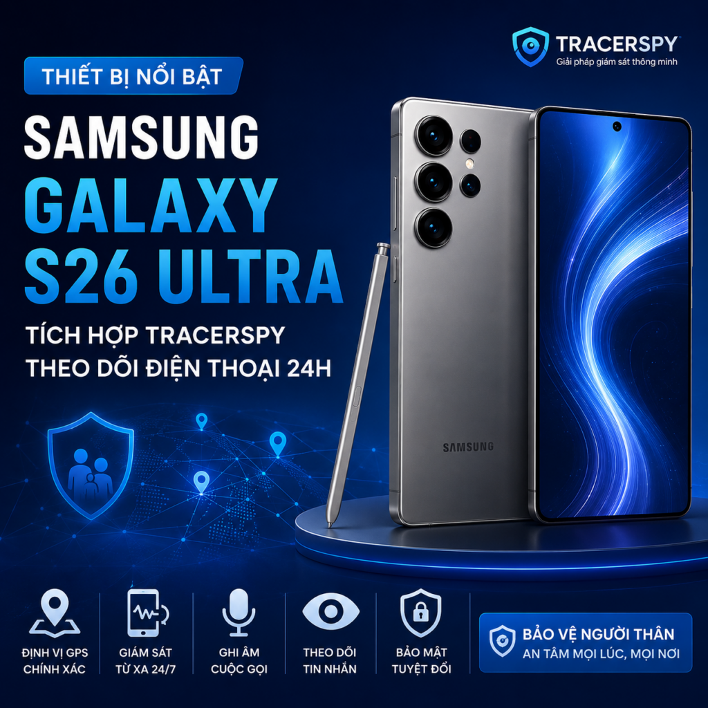 Samsung Galaxy S26 Ultra tích hợp Tracerspy hỗ trợ theo dõi điện thoại 24h, định vị GPS và giám sát từ xa.
