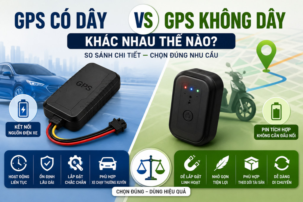 Hình đại diện so sánh thiết bị định vị GPS có dây và GPS không dây khác nhau thế nào? minh họa sự khác biệt về nguồn điện, cách lắp đặt, thời gian hoạt động và tính linh hoạt khi sử dụng.