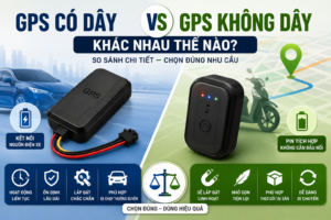 Hình đại diện so sánh thiết bị định vị GPS có dây và GPS không dây khác nhau thế nào? minh họa sự khác biệt về nguồn điện, cách lắp đặt, thời gian hoạt động và tính linh hoạt khi sử dụng.
