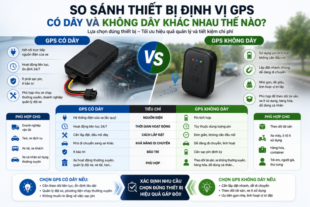 Hình minh họa so sánh thiết bị định vị GPS có dây và không dây khác nhau thế nào?, thể hiện sự khác nhau về nguồn điện, cách lắp đặt, thời gian hoạt động, tính linh hoạt và các nhu cầu sử dụng phù hợp.