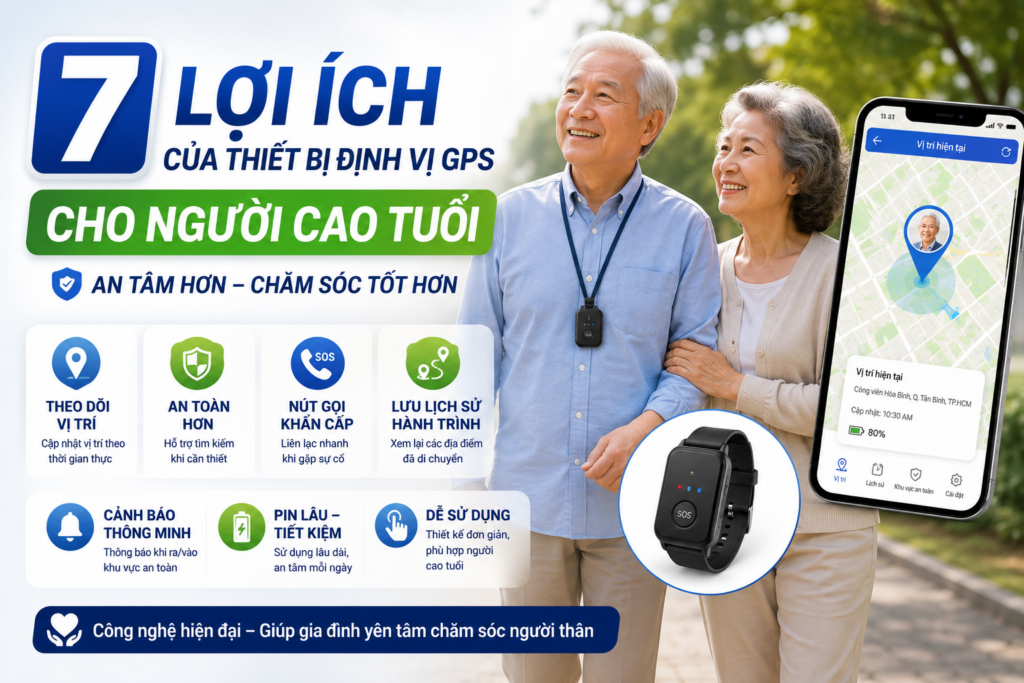 Hình minh họa thiết bị định vị GPS cho người cao tuổi giúp theo dõi vị trí theo thời gian thực, lưu lịch sử hành trình và hỗ trợ gia đình chăm sóc người thân an toàn.