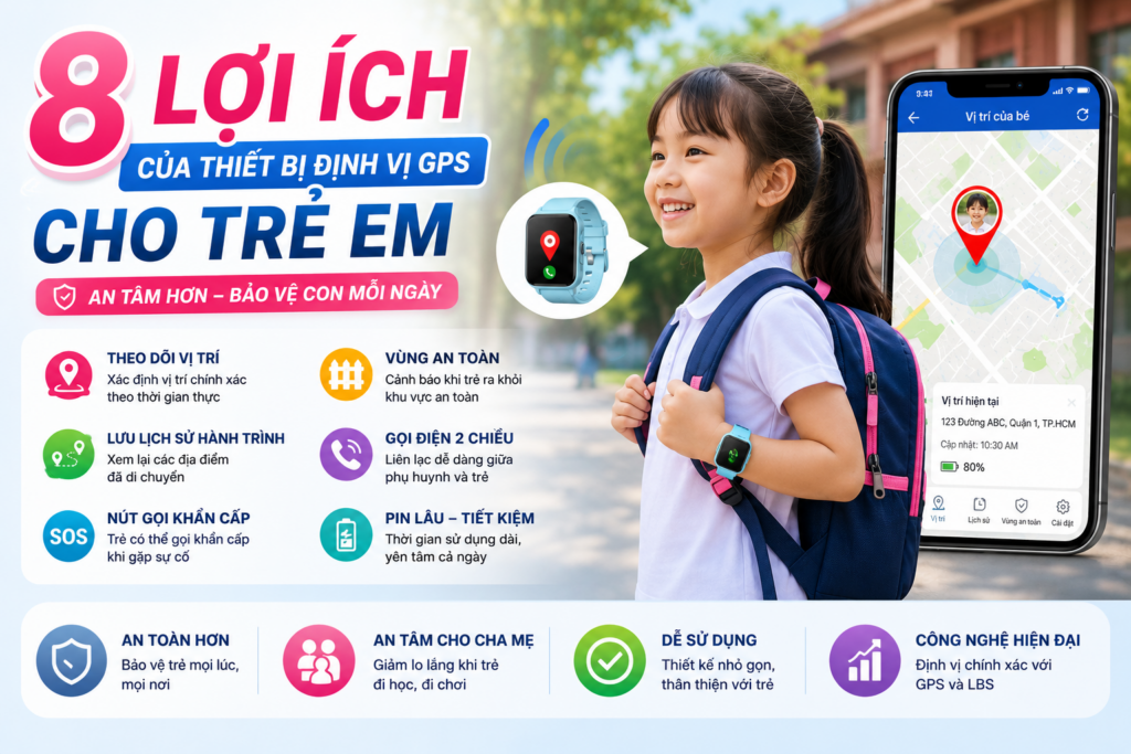 Hình minh họa thiết bị định vị GPS cho trẻ em giúp theo dõi vị trí theo thời gian thực, lưu lịch sử hành trình và hỗ trợ phụ huynh quản lý con an toàn.