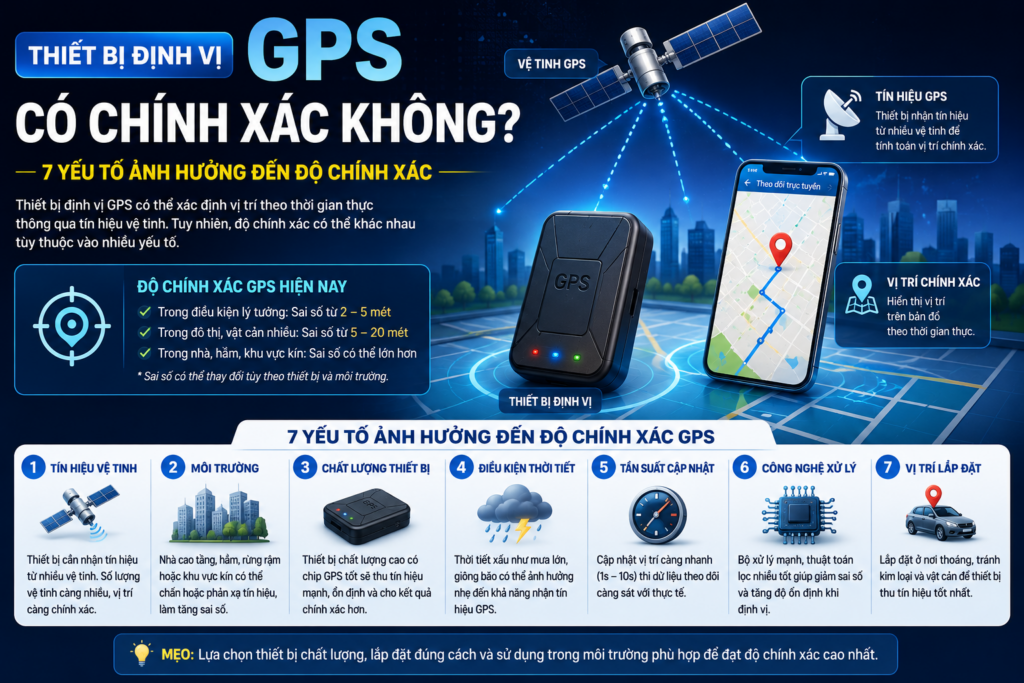Hình minh họa thiết bị định vị GPS có chính xác không, mô phỏng tín hiệu vệ tinh GPS, các yếu tố ảnh hưởng đến độ chính xác và sai số GPS khi theo dõi vị trí theo thời gian thực.