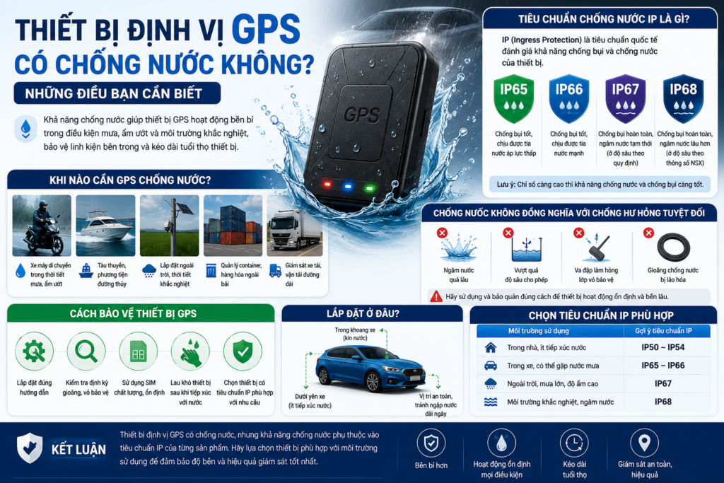 Hình minh họa thiết bị định vị GPS có chống nước không, giải thích tiêu chuẩn chống nước IP65, IP66, IP67, IP68 và các môi trường sử dụng thiết bị GPS ngoài trời.