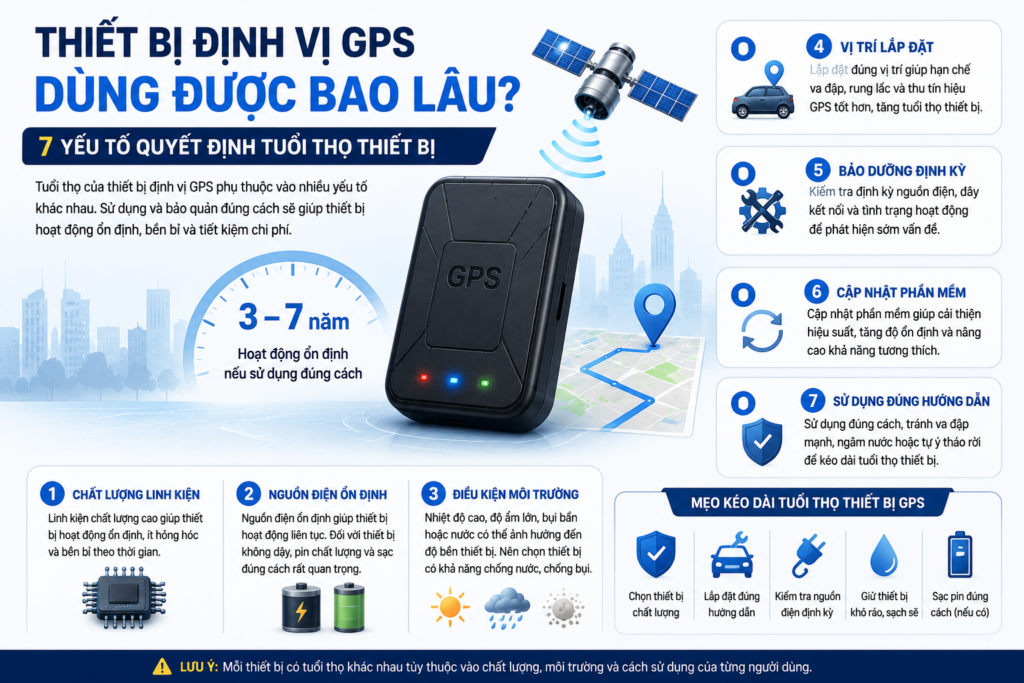 Hình minh họa thiết bị định vị GPS dùng được bao lâu với 7 yếu tố ảnh hưởng đến tuổi thọ thiết bị, bao gồm chất lượng linh kiện, nguồn điện, môi trường sử dụng và cách bảo quản.