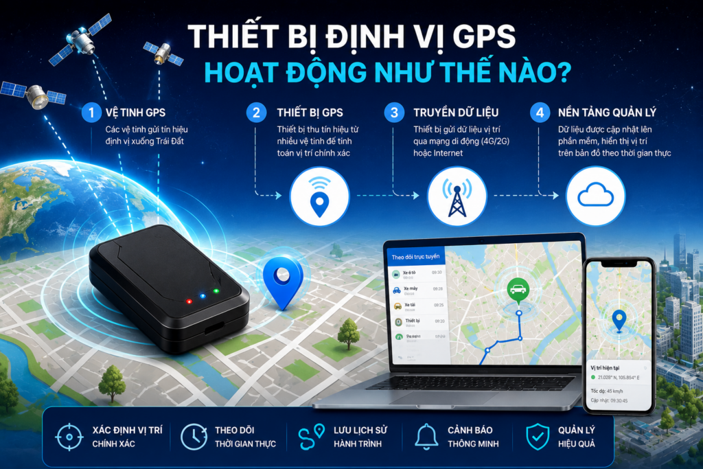 Hình minh họa thiết bị định vị GPS hoạt động như thế nào, mô phỏng quá trình vệ tinh GPS truyền tín hiệu đến thiết bị, truyền dữ liệu và hiển thị vị trí theo thời gian thực trên bản đồ.