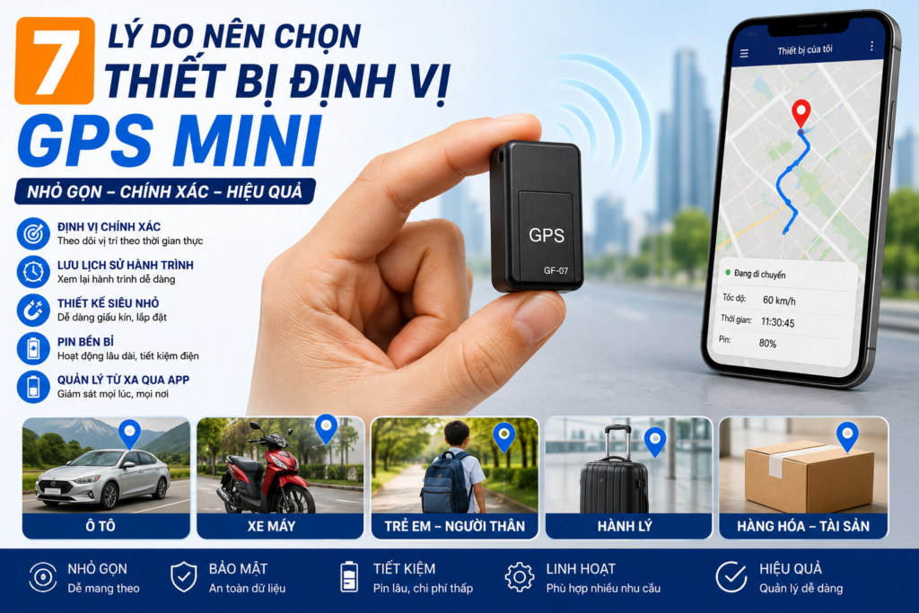 Hình minh họa thiết bị định vị GPS mini nhỏ gọn giúp theo dõi vị trí theo thời gian thực, lưu lịch sử hành trình và quản lý tài sản hiệu quả.
