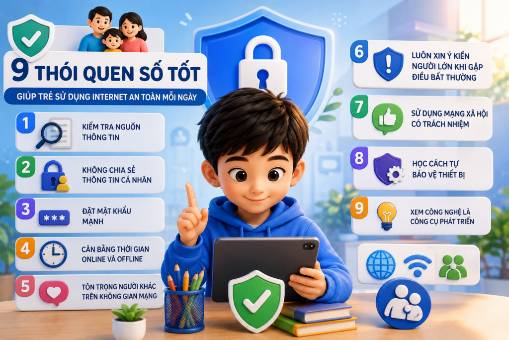 9 thói quen sử dụng Internet an toàn cho trẻ giúp phát triển kỹ năng số, bảo vệ thông tin cá nhân và sử dụng mạng xã hội có trách nhiệm.