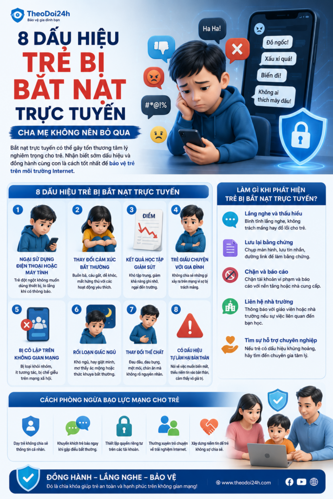 8 dấu hiệu trẻ bị bắt nạt trực tuyến giúp cha mẹ nhận biết sớm bạo lực mạng và bảo vệ trẻ em trên Internet an toàn.