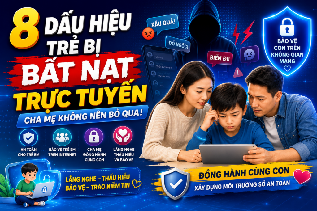 8 dấu hiệu trẻ bị bắt nạt trực tuyến giúp cha mẹ nhận biết sớm bạo lực mạng và đồng hành bảo vệ trẻ em trên Internet an toàn.