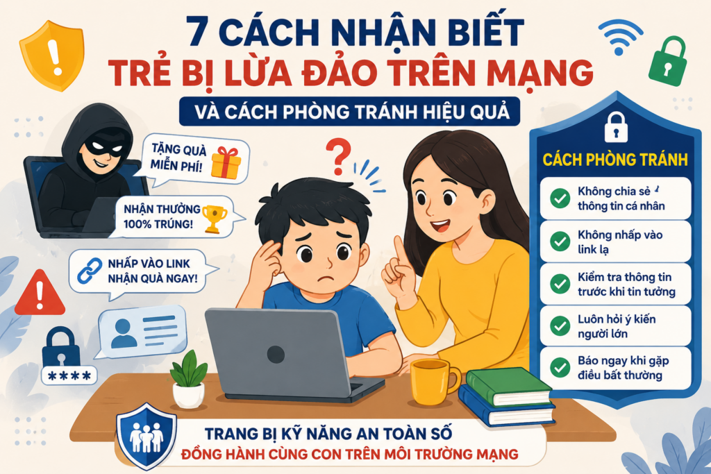 7 cách nhận biết trẻ bị lừa đảo trên mạng giúp cha mẹ hướng dẫn con phòng tránh lừa đảo trực tuyến và nâng cao kỹ năng an toàn số khi sử dụng Internet.