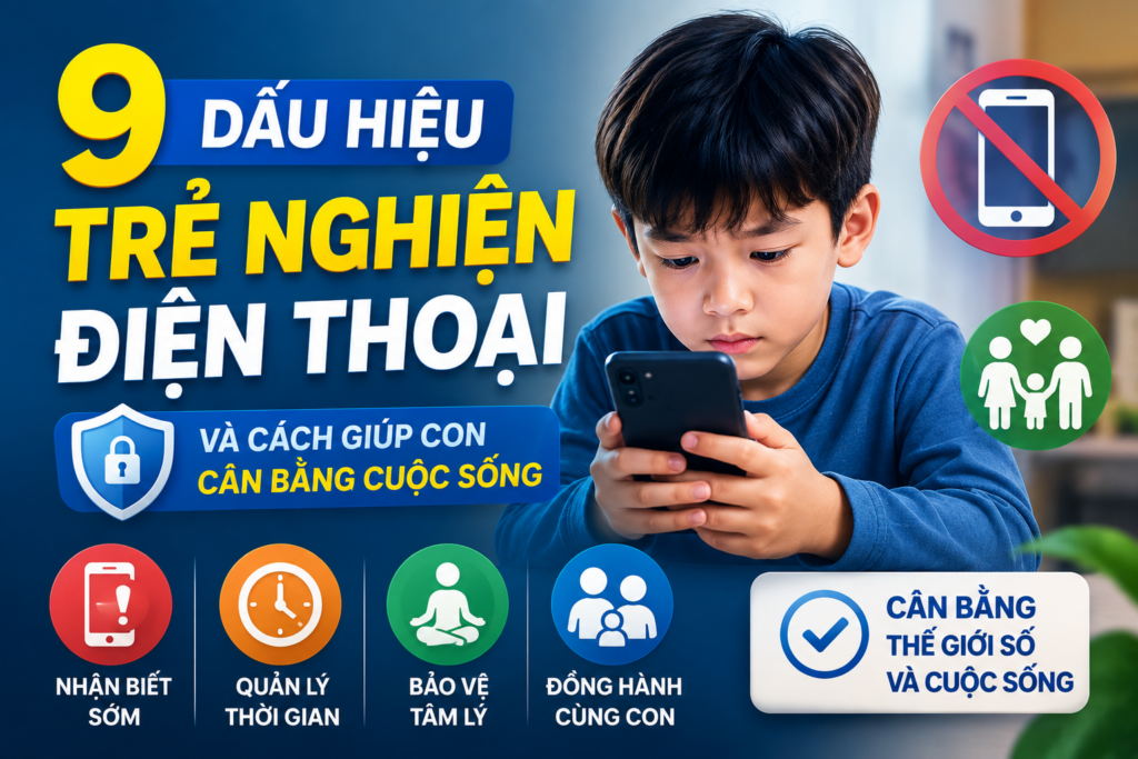 9 dấu hiệu trẻ nghiện điện thoại giúp cha mẹ nhận biết sớm, quản lý thời gian sử dụng thiết bị và đồng hành cùng con xây dựng thói quen số lành mạnh.
