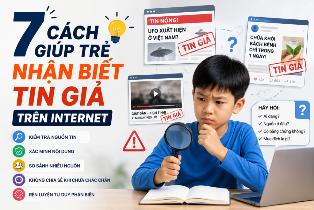 7 cách giúp trẻ nhận biết tin giả trên Internet bằng kỹ năng kiểm chứng thông tin, tư duy phản biện và sử dụng Internet an toàn.
