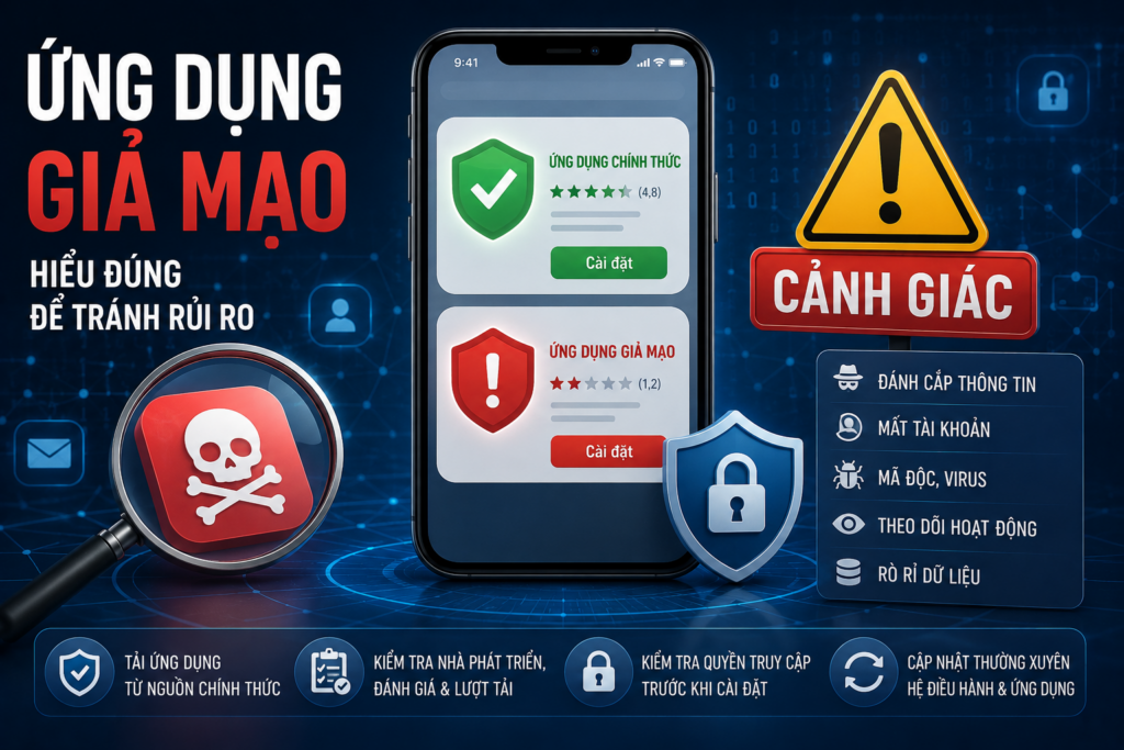 Ứng dụng giả mạo có thể đánh cắp dữ liệu, gây mất tài khoản; hãy bảo vệ thông tin cá nhân, nâng cao an toàn số và kiến thức số khi cài đặt ứng dụng.