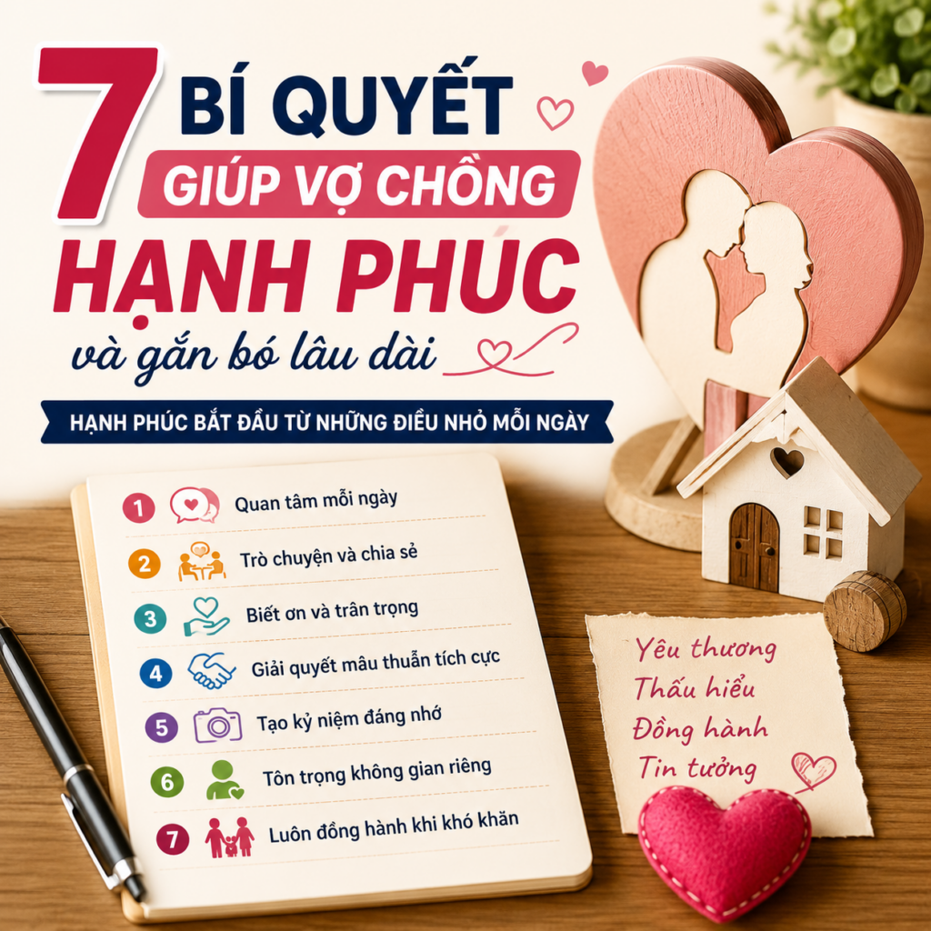 7 bí quyết giúp vợ chồng hạnh phúc và gắn bó lâu dài bằng sự yêu thương, thấu hiểu và đồng hành.