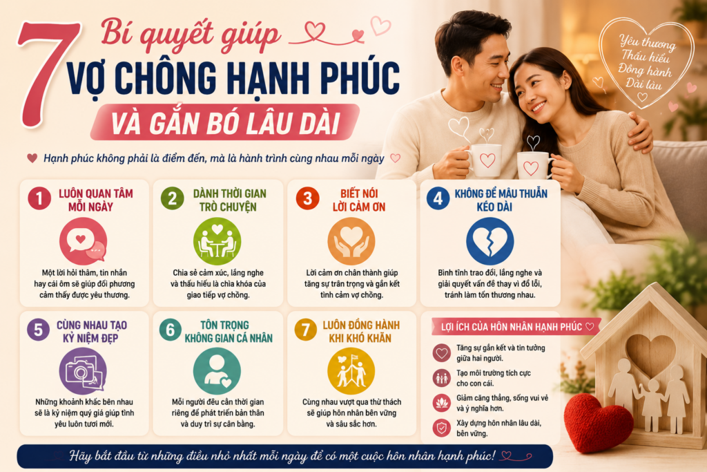 7 bí quyết giúp vợ chồng hạnh phúc và gắn bó lâu dài thông qua yêu thương, chia sẻ và đồng hành mỗi ngày.