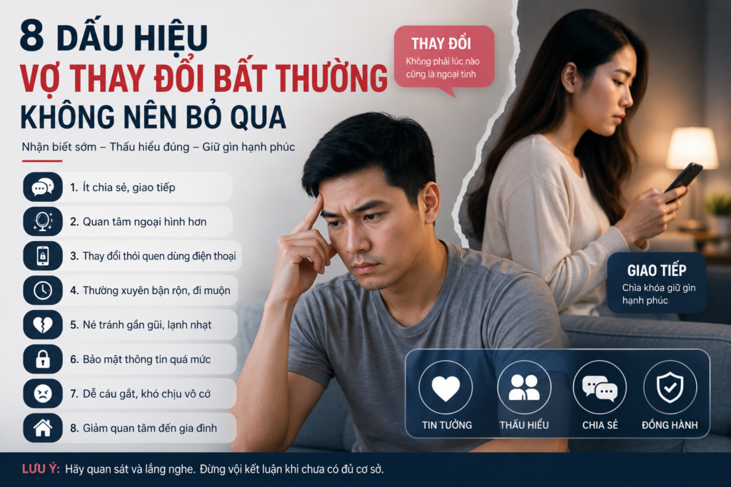 Vợ thay đổi bất thường trong giao tiếp, thói quen và cách sử dụng điện thoại là những dấu hiệu cần được nhìn nhận khách quan trong hôn nhân.