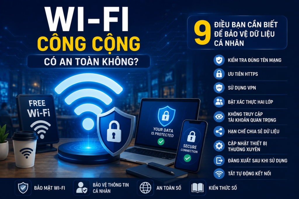 Wi-Fi công cộng có thể tiềm ẩn rủi ro; hãy tăng cường bảo mật Wi-Fi, bảo vệ thông tin cá nhân, an toàn số và nâng cao kiến thức số khi truy cập Internet.