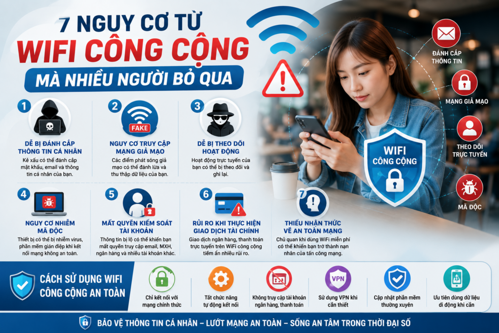 Những nguy cơ khi sử dụng wifi công cộng và cách bảo vệ thông tin cá nhân trên môi trường mạng.