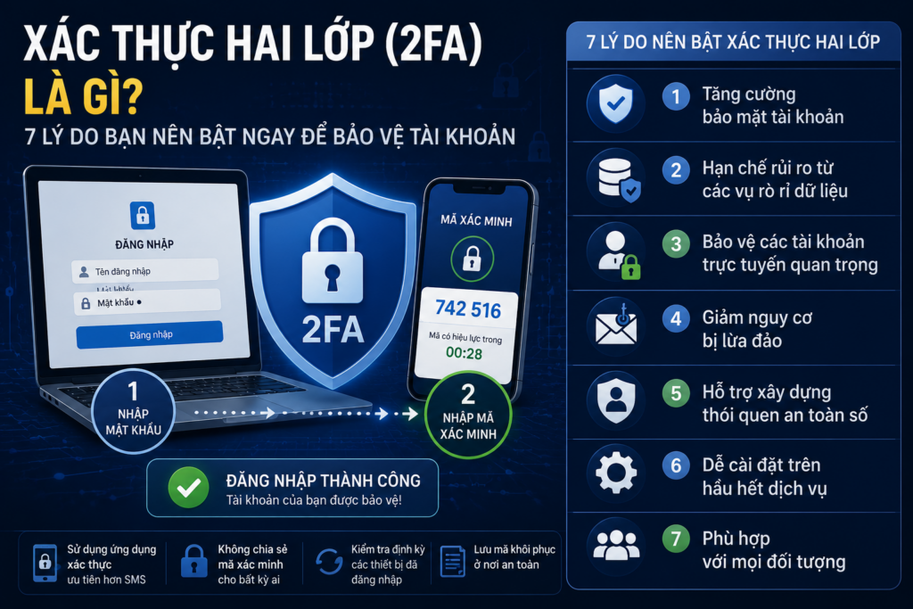 Xác thực hai lớp (2FA) giúp tăng cường bảo mật tài khoản, bảo vệ tài khoản trực tuyến và nâng cao an toàn số.