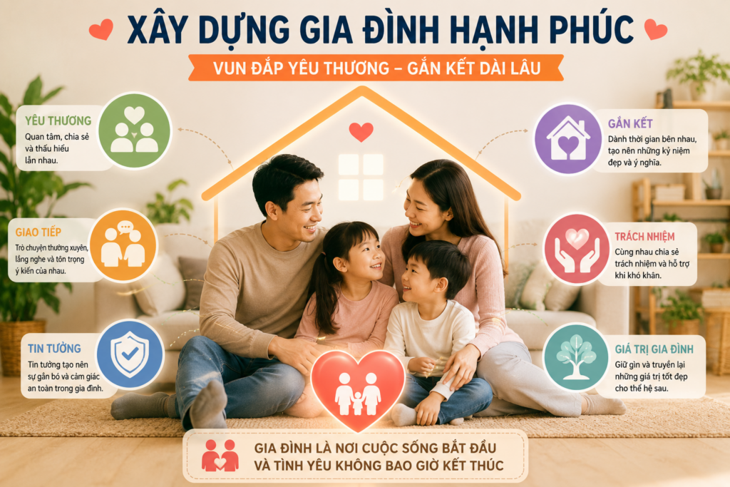 Xây dựng gia đình hạnh phúc bằng sự yêu thương, tôn trọng và gắn kết giữa các thành viên.