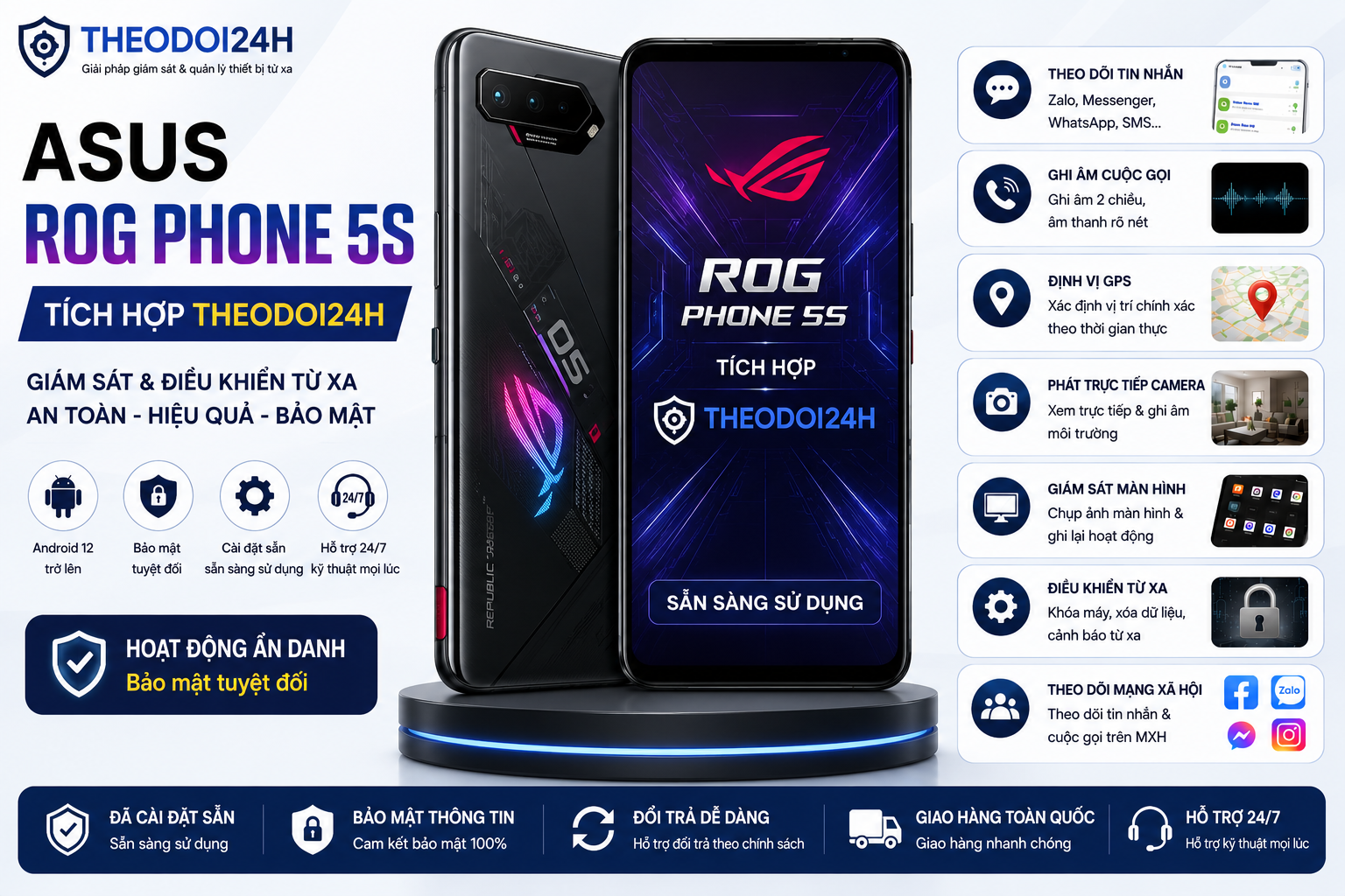 ASUS ROG Phone 5S tích hợp Theodoi24h hỗ trợ theo dõi GPS, cuộc gọi, tin nhắn và điều khiển thiết bị từ xa.