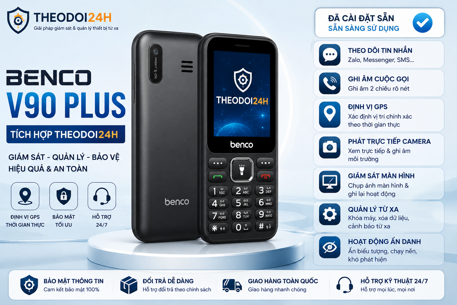 Benco V90 Plus tích hợp Theodoi24h hỗ trợ theo dõi GPS, cuộc gọi, tin nhắn và quản lý thiết bị từ xa.