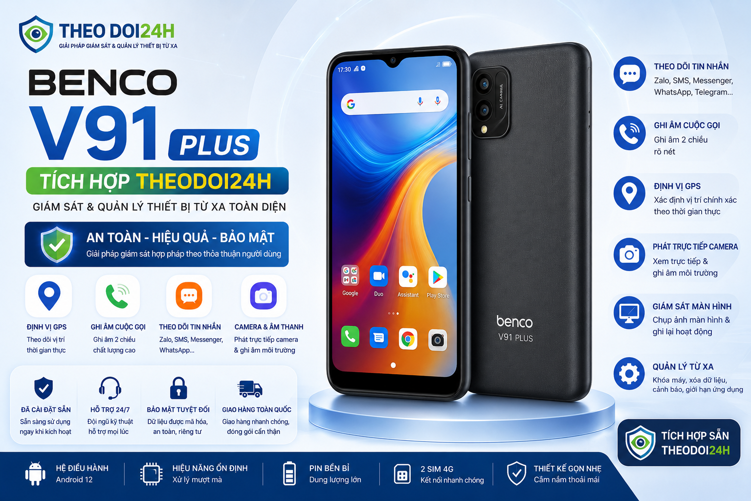 Benco V91 Plus tích hợp TheoDoi24h hỗ trợ theo dõi GPS, cuộc gọi, tin nhắn và điều khiển thiết bị từ xa.