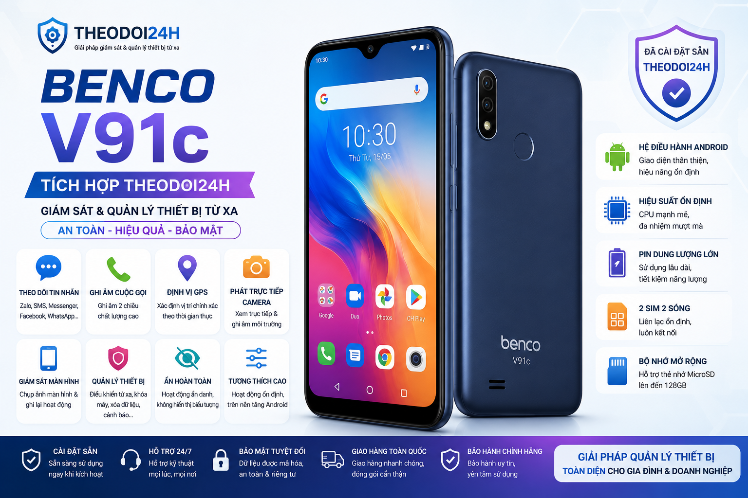 Benco V91c tích hợp Theodoi24h trên hệ điều hành Android hỗ trợ theo dõi GPS, cuộc gọi, tin nhắn và điều khiển thiết bị từ xa.