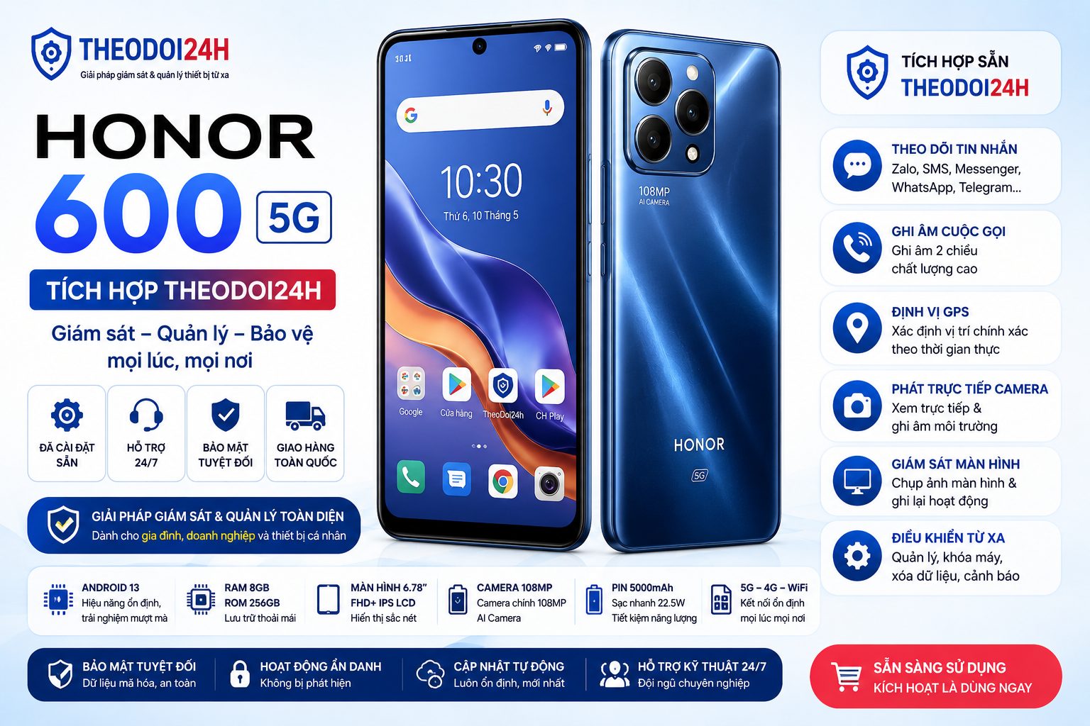 HONOR 600 5G tích hợp Theodoi24h hỗ trợ theo dõi GPS, cuộc gọi, tin nhắn và điều khiển thiết bị từ xa.