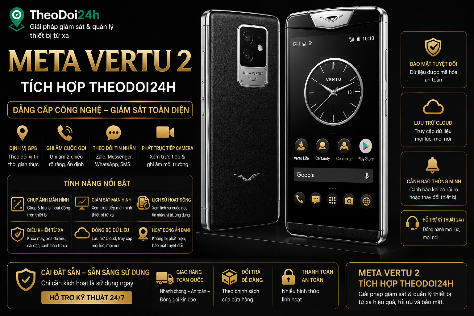 Meta Vertu 2 tích hợp TheoDoi24h hỗ trợ theo dõi GPS, cuộc gọi, tin nhắn và điều khiển thiết bị từ xa.