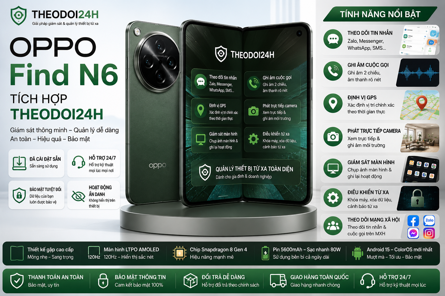 OPPO Find N6 tích hợp TheoDoi24h hỗ trợ theo dõi GPS, cuộc gọi, tin nhắn và điều khiển thiết bị từ xa.