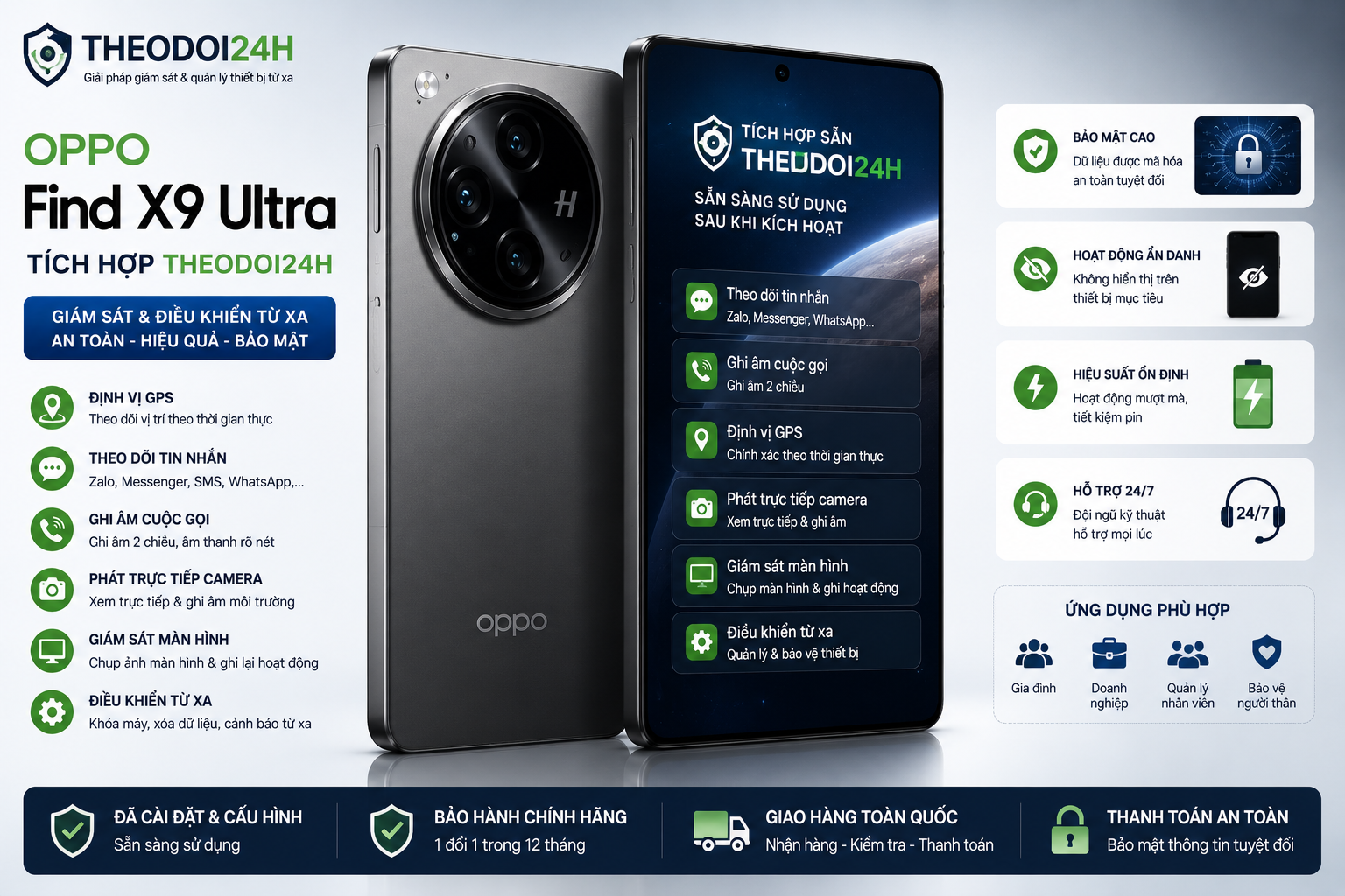 OPPO Find X9 Ultra tích hợp TheoDoi24h hỗ trợ theo dõi GPS, cuộc gọi, tin nhắn và điều khiển thiết bị từ xa.