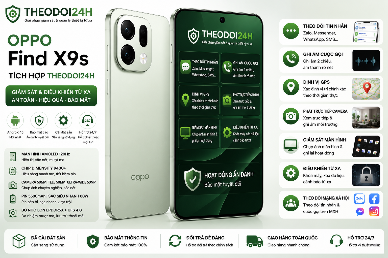 OPPO Find X9s tích hợp TheoDoi24h hỗ trợ theo dõi GPS, cuộc gọi, tin nhắn và điều khiển thiết bị từ xa.