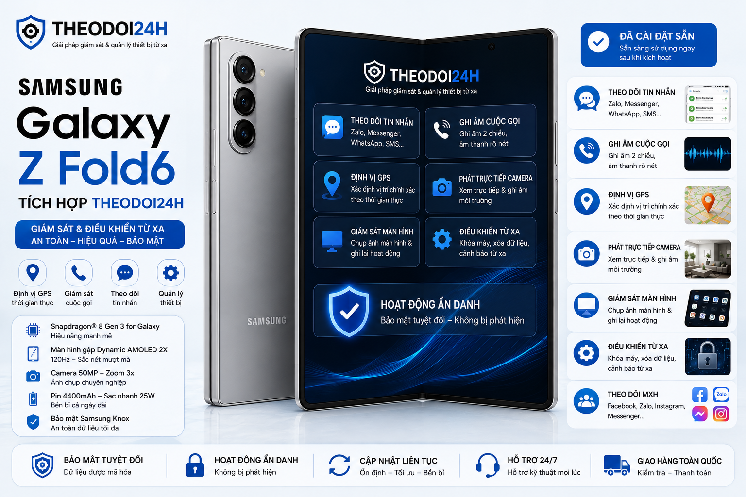 Samsung Galaxy Z Fold6 tích hợp Theodoi24h hỗ trợ theo dõi GPS, cuộc gọi, tin nhắn và điều khiển thiết bị từ xa.