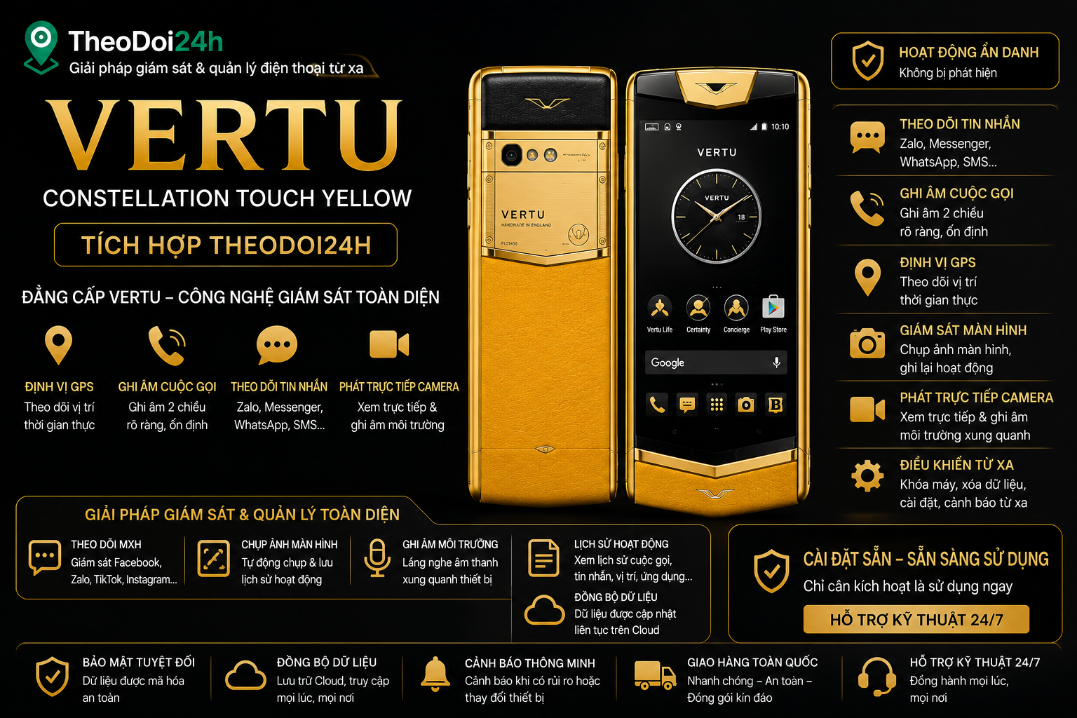 Vertu Constellation Touch Yellow tích hợp TheoDoi24h hỗ trợ theo dõi GPS, cuộc gọi, tin nhắn và điều khiển thiết bị từ xa.