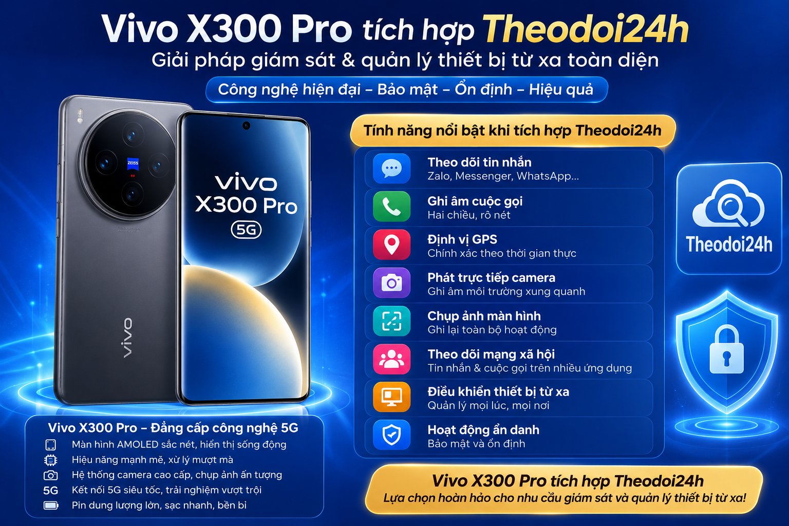 Vivo X300 Pro tích hợp Theodoi24h hỗ trợ theo dõi GPS, cuộc gọi, tin nhắn và điều khiển thiết bị từ xa.