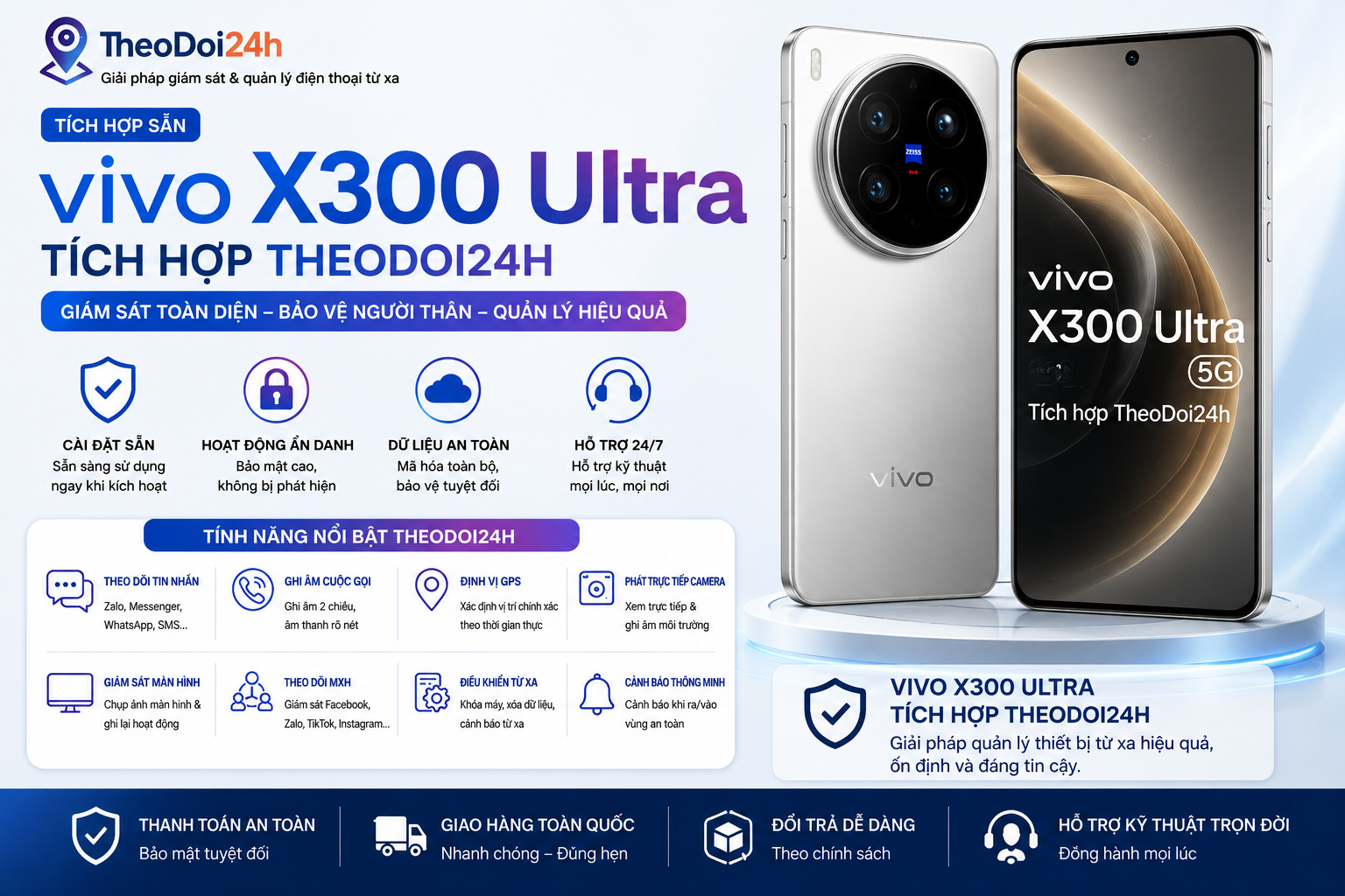 Vivo X300 Ultra tích hợp TheoDoi24h hỗ trợ theo dõi GPS, cuộc gọi, tin nhắn và điều khiển thiết bị từ xa.