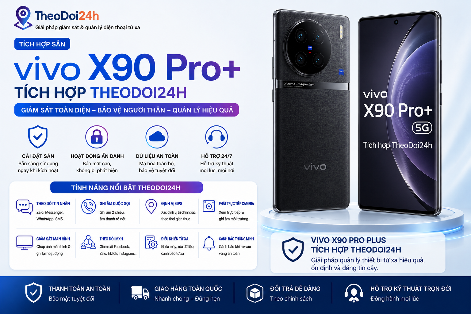 Vivo X90 Pro Plus tích hợp TheoDoi24h hỗ trợ theo dõi GPS, cuộc gọi, tin nhắn và điều khiển thiết bị từ xa.