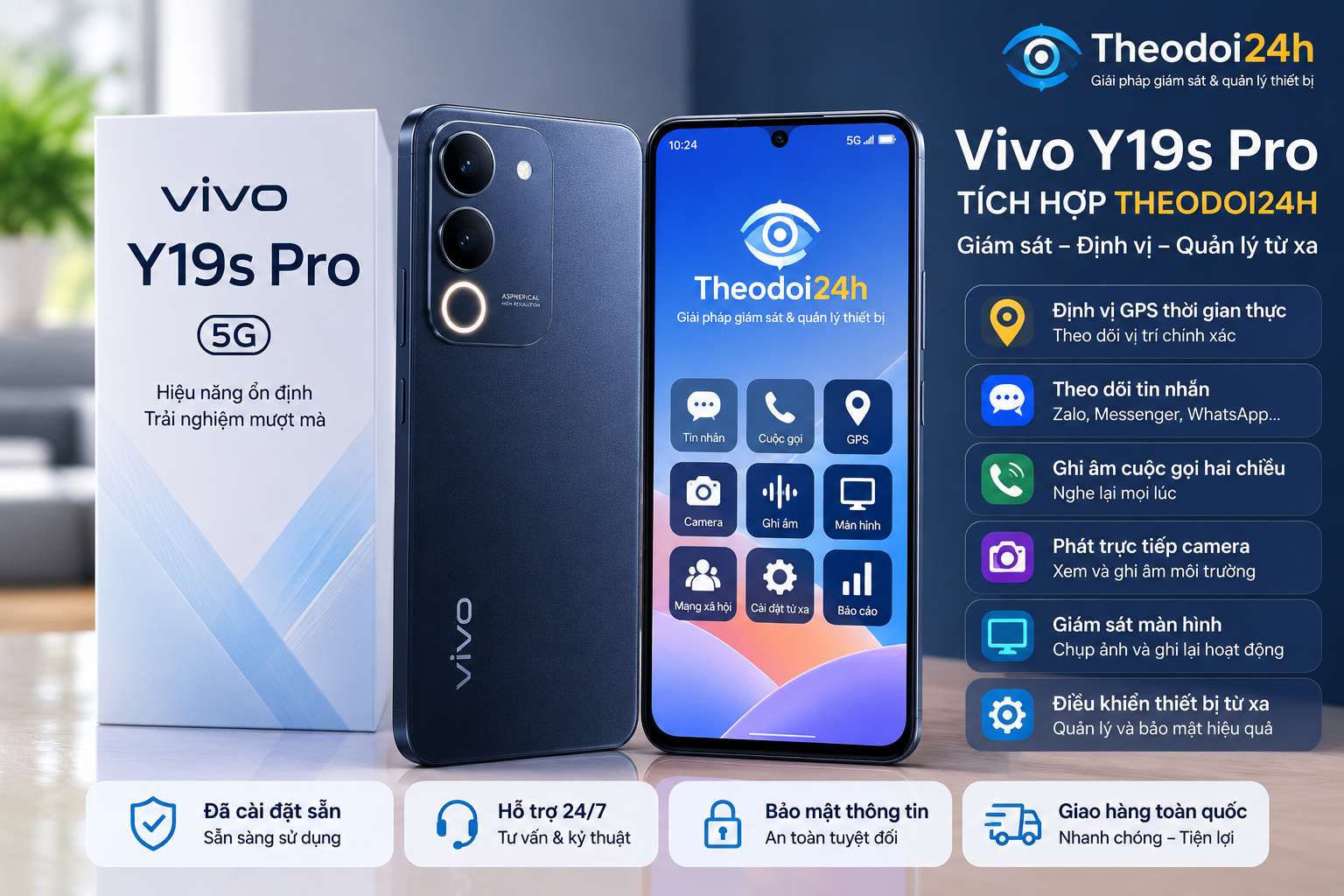 Vivo Y19s Pro tích hợp TheoDoi24h hỗ trợ theo dõi GPS, cuộc gọi, tin nhắn và điều khiển thiết bị từ xa.